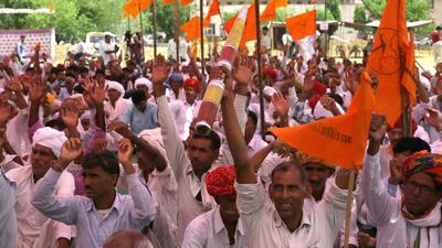 Farmers of Bharatiya Kisan Sangh on a sit-in demanding better value for crops, loan waiver, better compensations and other demands , in Jaipur, Rajasthan, in June this year. (HT archive) Farmers of Bharatiya Kisan Sangh on a sit-in demanding better value for crops, loan waiver, better compensations and other demands , in Jaipur, Rajasthan, in June this year. (HT archive)