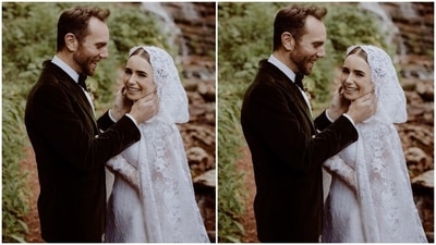 Lily wore her hair in a middle-parted sleek bun with a delicate braid detail at the crown of her head for her big day. She chose minimal make-up with a nude lip shade, bold eyeliner and well-defined eyebrows. As for the groom, he chose a black tuxedo and looked suave. (Instagram/@lilyjcollins) Lily wore her hair in a middle-parted sleek bun with a delicate braid detail at the crown of her head for her big day. She chose minimal make-up with a nude lip shade, bold eyeliner and well-defined eyebrows. As for the groom, he chose a black tuxedo and looked suave. (Instagram/@lilyjcollins)