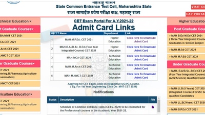 Maharashtra CET admit cards 2021: Candidates who have registered for the mentioned entrance examinations can download their admit cards online at cetcell.mahacet.org. (cetcell.mahacet.org)