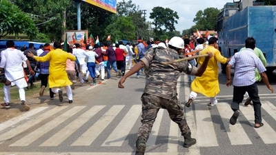 Police personnel use lathicharge on BJP protesters during Jharkhand Assembly march as they protest against Chief Minister Hemant Soren and Assembly Speaker Rabindra Nath Mahato after allotting a room in the Jharkhand Assembly House to offer Namaz. (PTI) Police personnel use lathicharge on BJP protesters during Jharkhand Assembly march as they protest against Chief Minister Hemant Soren and Assembly Speaker Rabindra Nath Mahato after allotting a room in the Jharkhand Assembly House to offer Namaz. (PTI)