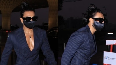 Ranveer Singh sports a double ponytail at the RC 15 launch. (Varinder Chawla.) Ranveer Singh sports a double ponytail at the RC 15 launch. (Varinder Chawla.)