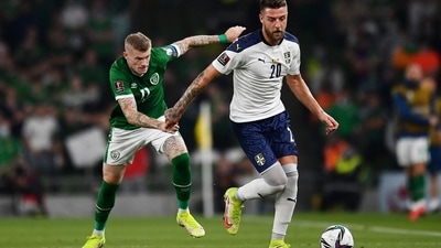 Serbia's Sergej Milinkovic-Savic in action with Republic of Ireland's James McClean (REUTERS)