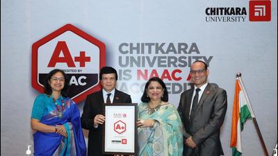 Chitkara University Chancellor Ashok K Chitkara and Pro Chancellor Madhu Chitkara showing the NAAC A+ certificate received by the varsity. (HT Photo) Chitkara University Chancellor Ashok K Chitkara and Pro Chancellor Madhu Chitkara showing the NAAC A+ certificate received by the varsity. (HT Photo)