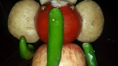 This instagrammer has put vegetables in kitchen to good use for making this eco-friendly Ganesh idol. If you have apple, tomato, potatoes and green chillies, this idol can be made conveniently. (Instagram/vidhus.kitchen) This instagrammer has put vegetables in kitchen to good use for making this eco-friendly Ganesh idol. If you have apple, tomato, potatoes and green chillies, this idol can be made conveniently. (Instagram/vidhus.kitchen)