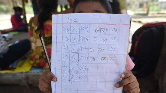A child poses with his notebook during a special class organised by Towards Future, at a temporary market place in Kashinathpur Bazar, Rajarhat, West Bengal, on September 4. Students attending these special classes are in the 3-12 years age group.(Samir Jana / HT Photo)