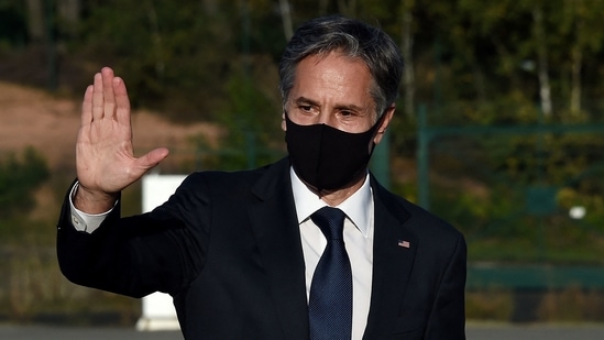 US Secretary of State Antony Blinken greets with a hand gesture prior to boarding an aircraft as he departs Ramstein Air Base in Germany on September 8, 2021.(AFP) US Secretary of State Antony Blinken greets with a hand gesture prior to boarding an aircraft as he departs Ramstein Air Base in Germany on September 8, 2021.(AFP)
