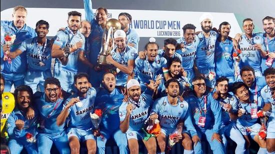 Indian team celebrating their win at the 2016 Junior Men’s Hockey World Cup in Lucknow. (HT File Photos) Indian team celebrating their win at the 2016 Junior Men’s Hockey World Cup in Lucknow. (HT File Photos)