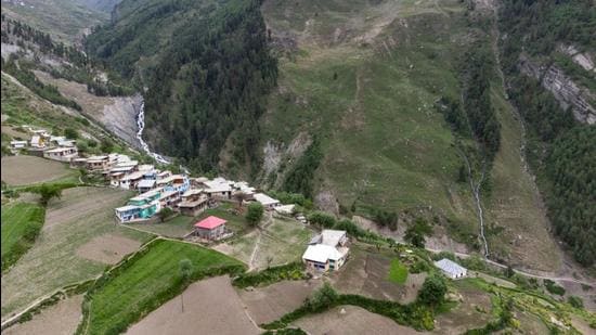 A view of the picturesque Kumar Bhatori village in Pangi valley of Chamba district. The isolated valley with a beautiful landscape is known for its tribal culture and tradition. (HT Photo)