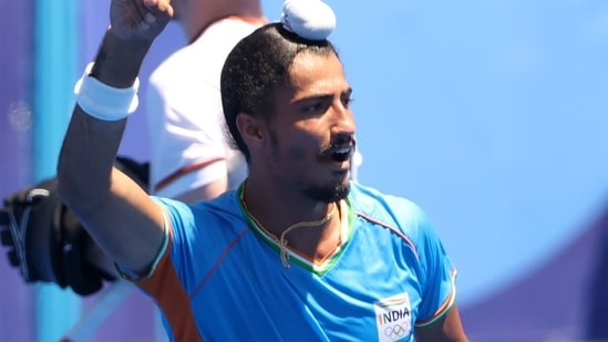 Dilpreet Singh celebrates scoring a goal against Germany at the 2020 Tokyo Games.&nbsp;(Getty)