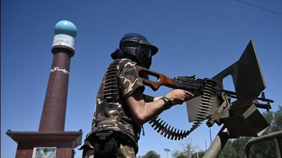 A member of the Taliban Fateh, a “special forces" unit, patrols on a vehicle at Massoud square in Kabul on Wednesday. (AFP)