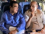 Defence minister Rajnath Singh and Union road transport minister Nitin Gadkari travel to Barmer on C-130J Super Hercules transport aircraft on Thursday. (ANI) Defence minister Rajnath Singh and Union road transport minister Nitin Gadkari travel to Barmer on C-130J Super Hercules transport aircraft on Thursday. (ANI)