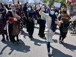 Afghan women shout slogans during a protest rally in Kabul on September 7, 2021. Afghan women shout slogans during a protest rally in Kabul on September 7, 2021. 