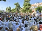 Farmers during a protest in Karnal on Wednesday. (ANI) Farmers during a protest in Karnal on Wednesday. (ANI)