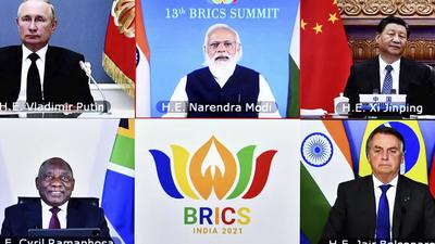 Russian President Vladimir Putin, Prime Minister Narendra Modi, Chinese President Xi Jinping, South African President Cyril Ramaphosa and Brazilian President Jair Bolsonaro during a video conference of Brics on Thursday. (AP PHOTO.) Russian President Vladimir Putin, Prime Minister Narendra Modi, Chinese President Xi Jinping, South African President Cyril Ramaphosa and Brazilian President Jair Bolsonaro during a video conference of Brics on Thursday. (AP PHOTO.)
