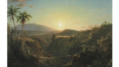 Frederic Edwin Church (1826–1900) painted Pichincha, named for the Ecuadorean volcano in the distance, in 1867. He’d visited the South American country a decade earlier, but clearly his memory was hazy. The palm trees that feature in this work could not have grown on the high Andean plain. The suspended bridge and the woman gingerly travelling across it, however, would have been a common sight. (Courtesy Philadelphia Museum of Art, USA) Frederic Edwin Church (1826–1900) painted Pichincha, named for the Ecuadorean volcano in the distance, in 1867. He’d visited the South American country a decade earlier, but clearly his memory was hazy. The palm trees that feature in this work could not have grown on the high Andean plain. The suspended bridge and the woman gingerly travelling across it, however, would have been a common sight. (Courtesy Philadelphia Museum of Art, USA)