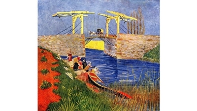 Painted in 1888, this is one of four works by Vincent Van Gogh (1853-1890) from when he lived in southern France. The Langlois Bridge at Arles with Women Washing depicts common domestic activities, as local women in smocks and multicoloured caps do the laundry on the shore. Van Gogh’s distinctive blue and yellow are out in full force here, capturing the sky, water and sunlight. Perhaps it reminded him of his home in the Netherlands. (Courtesy Otterlo Kröller-Müller Museum, the Netherlands ) Painted in 1888, this is one of four works by Vincent Van Gogh (1853-1890) from when he lived in southern France. The Langlois Bridge at Arles with Women Washing depicts common domestic activities, as local women in smocks and multicoloured caps do the laundry on the shore. Van Gogh’s distinctive blue and yellow are out in full force here, capturing the sky, water and sunlight. Perhaps it reminded him of his home in the Netherlands. (Courtesy Otterlo Kröller-Müller Museum, the Netherlands )