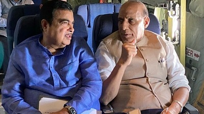Defence minister Rajnath Singh and Union road transport minister Nitin Gadkari travel to Barmer on C-130J Super Hercules transport aircraft on Thursday. (ANI) (ANI) Defence minister Rajnath Singh and Union road transport minister Nitin Gadkari travel to Barmer on C-130J Super Hercules transport aircraft on Thursday. (ANI) (ANI)