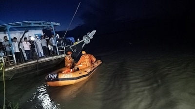 NDRF personnel conduct rescue operation after two boats carrying approximately 120 passengers collided in the Brahmaputra river in Jorhat on Wednesday. (ANI Photo)