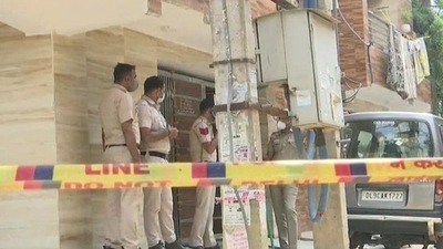 Police deployed outside the late leader's house in Delhi on Thursday. (ANI)