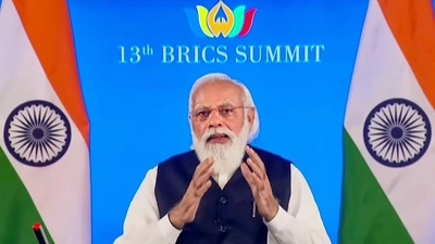 Prime Minister Narendra Modi addresses the BRICS Summit, via video conferencing, in New Delhi, (PTI) Prime Minister Narendra Modi addresses the BRICS Summit, via video conferencing, in New Delhi, (PTI)