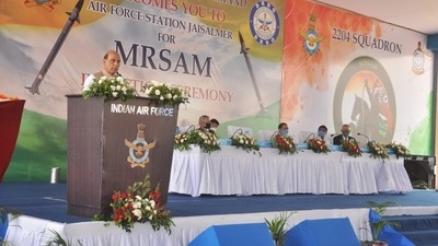 During his address, Rajnath Singh said that he believed the MRSAM system would be a game changer in the country’s air defence system. (Twitter/@DefenceMinIndia) During his address, Rajnath Singh said that he believed the MRSAM system would be a game changer in the country’s air defence system. (Twitter/@DefenceMinIndia)