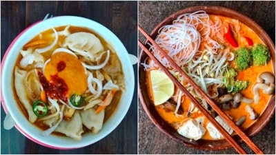 Laksa - Ladakhi Thukpa: Laksa is a coconut-based noodle soup while thukpa is a spicy Lakadkhi noodle soup dish. (Instagram/@bowledoverbykari /@deepak1213raja) Laksa - Ladakhi Thukpa: Laksa is a coconut-based noodle soup while thukpa is a spicy Lakadkhi noodle soup dish. (Instagram/@bowledoverbykari /@deepak1213raja)