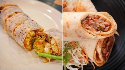 Popiah - Kati Rolls: The thin sheets of Popiah is made with wheat flour. It is then filled with vegetables, meats and sauces just like the famous Indian street food, kati roll. (Instagram/@libbyatsg/@bollywoodtreatspatna) Popiah - Kati Rolls: The thin sheets of Popiah is made with wheat flour. It is then filled with vegetables, meats and sauces just like the famous Indian street food, kati roll. (Instagram/@libbyatsg/@bollywoodtreatspatna)