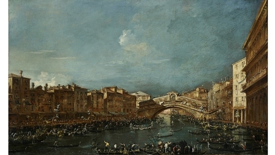 Regatta at the Rialto Bridge (1770-9), an oil-on-canvas work by Francesco Guardi (1712–93) features the Rialto Bridge, one of the top tourist attractions in Venice. Few know that it replaced a rickety wooden version in 1591 and that people feared the new one would collapse under its own weight. Guardi captures the morning light and shadows, the dozens of human figures participating in the boat race and Venice’s distinctive architecture in the background.(Courtesy Museum of Fine Arts, Houston, USA)
