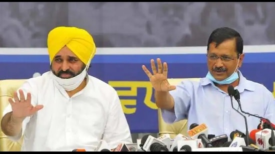 Aam Aadmi Party Punjab president with Bhagwant Mann with party national convener and Delhi chief minister Arvind Kejriwal.