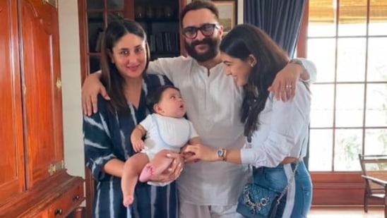 Saif Ali Khan poses with Kareena Kapoor, Sara Ali Khan and Jeh.(Instagram/@saraalikhan95)