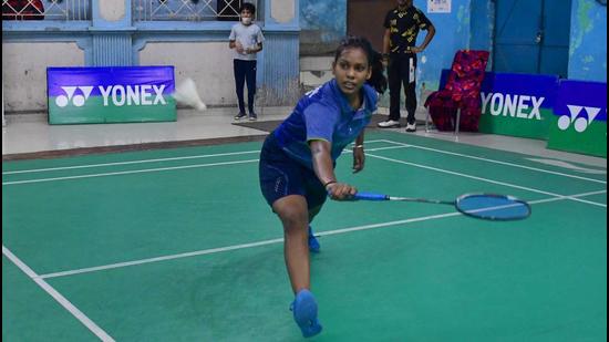 A player in action during the badminton championship at Shastri Badminton Hall in Ludhiana on Thursday. (Harsimar Pal Singh/HT)