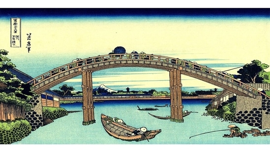 A lesser-known work from the Thirty-six Views of Mount Fuji, woodblock prints by Katsushika Hokusai (1760–1849). This one, Under the Mannen Bridge at Fukagawa, was created between 1830–33 when rivers and canals crisscrossed Edo. Bridges, then were especially useful. Hokusai focuses on the structural beauty of the Mannen Bridge over the Onagi River, and the bustling life around it. Yes, that is Fuji on the horizon.(Courtesy Mary A. Ainsworth Bequest, 1950. Allen Memorial Art Museum, Oberlin College, USA)
