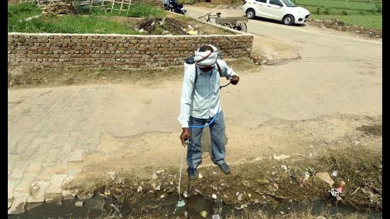 A man sprays insecticide on a street side open sewage in Koh Village of Mathura. (HT Photo)