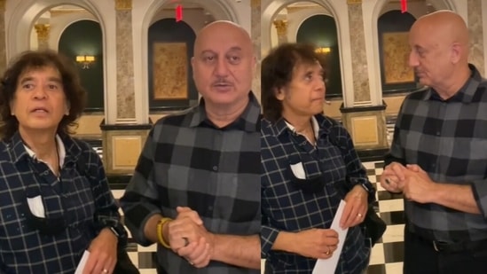 Anupam Kher met Zakir Hussain in New York. Anupam Kher met Zakir Hussain in New York.