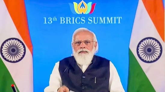 Prime Minister Narendra Modi addresses the BRICS Summit, via video conferencing, in New Delhi,(via PTI)
