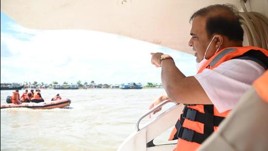 Assam chief minister Himanta Biswa Sarma inspecting the boat accident site on Thursday. (DIPR.)