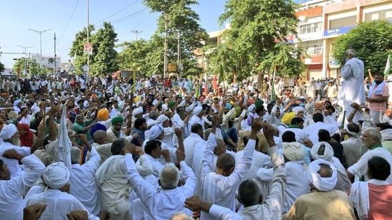 Farmers during a protest in Karnal on Wednesday. (ANI)