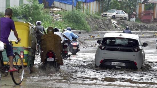 A flooded road near Pragati Maidan during rains, in New Delhi, on September 2. (PTI) A flooded road near Pragati Maidan during rains, in New Delhi, on September 2. (PTI)