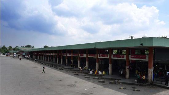The Amar Shaheed Sukhdev Interstate Bus Terminal, Ludhiana, wearing a deserted look on Thursday. (Harsimar Pal Singh/HT)