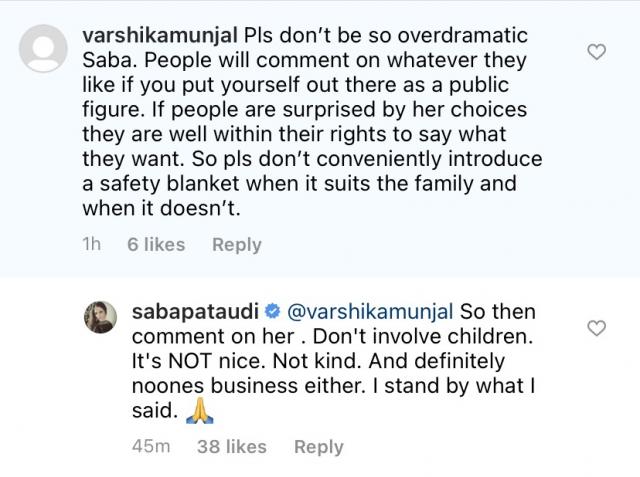 Saba Ali Khan maintained that no one should comment on children. Saba Ali Khan maintained that no one should comment on children.