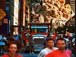 Image of the huge cloud of smoke and dust rising from the demolished twin towers of the World Trade Center displayed at an exhibition. Image of the huge cloud of smoke and dust rising from the demolished twin towers of the World Trade Center displayed at an exhibition.