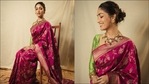 Yami Gautam's handwoven deep pink zari silk sari is perfect ethnic look for Ganesh Chaturthi celebratons(Instagram/manishamelwani/yamigautam)