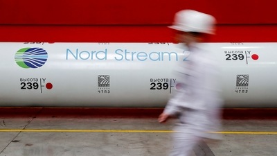 The logo of the Nord Stream 2 gas pipeline project is seen on a pipe at the Chelyabinsk pipe rolling plant in Chelyabinsk, Russia (REUTERS)