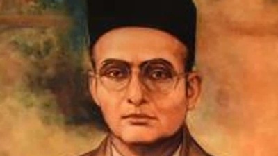 A portrait of Vinayak Damodar Savarkar.