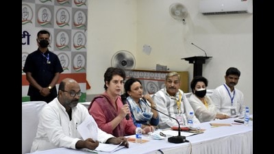 Congress general secretary Priyanka Gandhi Vadra at a party meeting at UPCC headquarters in Lucknow on Friday. (Sourced) Congress general secretary Priyanka Gandhi Vadra at a party meeting at UPCC headquarters in Lucknow on Friday. (Sourced)