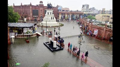 An inundated Heritage Street that leads to the Golden Temple and Jallianwala Bagh after heavy rain in Amritsar on Friday. (Sameer Sehgal/HT) An inundated Heritage Street that leads to the Golden Temple and Jallianwala Bagh after heavy rain in Amritsar on Friday. (Sameer Sehgal/HT)