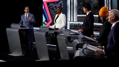 L-R: Bloc Quebecois leader Yves-Francois Blanchet, Green Party leader Annamie Paul, Liberal leader and PM Justin Trudeau, NDP leader Jagmeet Singh, and Conservative leader Erin O'Toole take part in a debate in Gatineau, Canada, ahead of the September 20 national elections. (REUTERS)
