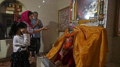 Kashmiri Hindus pray at the Shri Sidhi Vinayak Ganesh Mandir on the occasion of Ganesh Chaturthi festival in Srinagar on September 10. (AFP) Kashmiri Hindus pray at the Shri Sidhi Vinayak Ganesh Mandir on the occasion of Ganesh Chaturthi festival in Srinagar on September 10. (AFP)