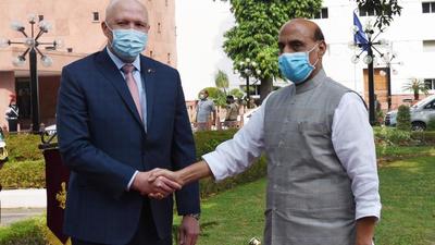 Defence Minister Rajnath Singh greets his Australian counterpart Peter Dutton at Vigyan Bhawan in New Delhi on Friday. (Ajay Aggarwal /HT PHOTO.) Defence Minister Rajnath Singh greets his Australian counterpart Peter Dutton at Vigyan Bhawan in New Delhi on Friday. (Ajay Aggarwal /HT PHOTO.)