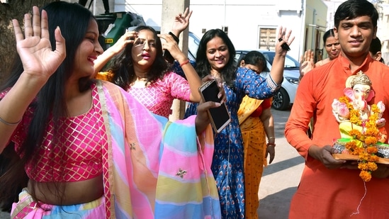 Devotees carry an idol of Lord Ganesha on the occasion of Ganesh Chaturthi, at Latasil Ganesh mandir in Bikaner, Rajasthan on September 10.&nbsp;(ANI)